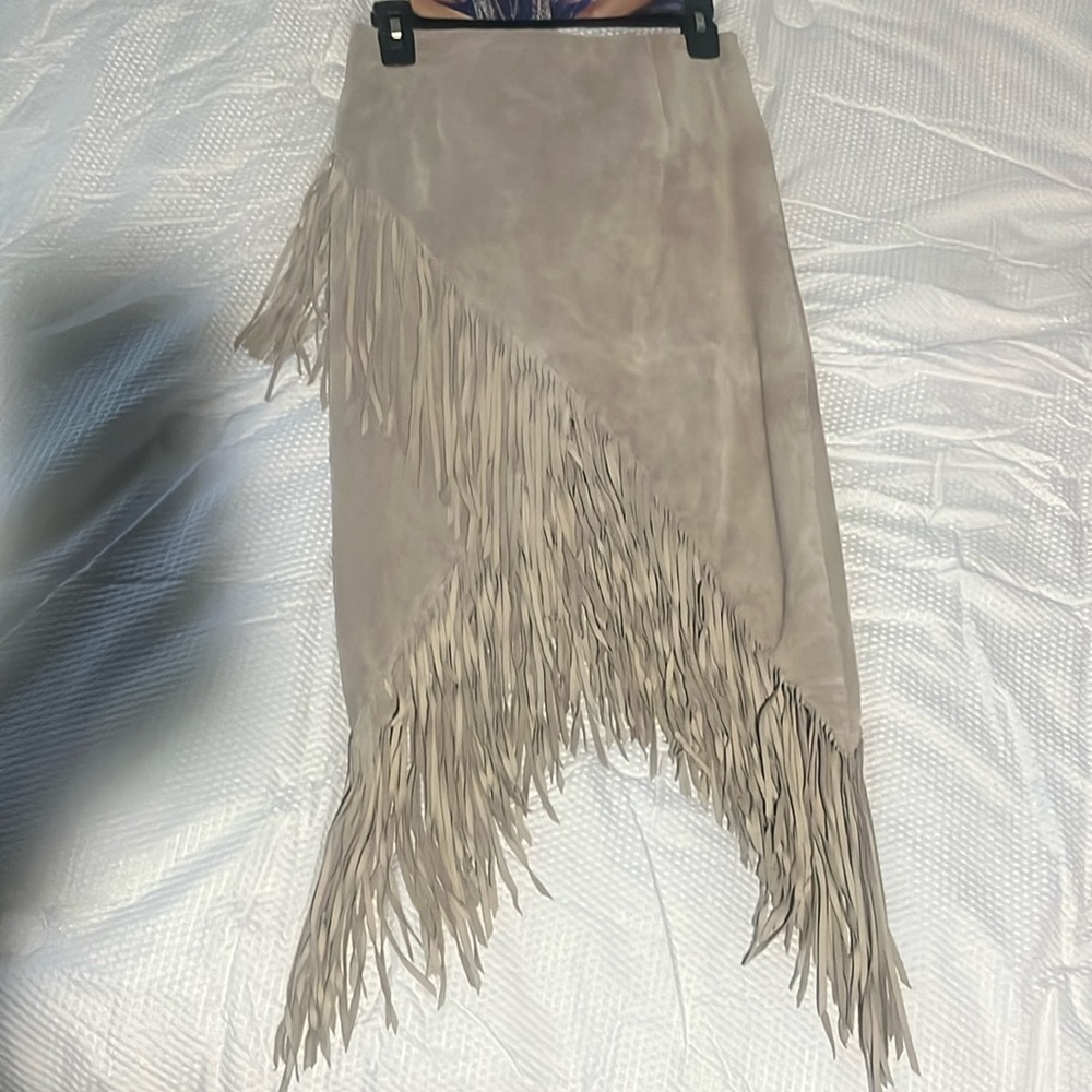 COPY - The brand-Intermix-fringed skirt. Leather fabric textile. Light brown co…